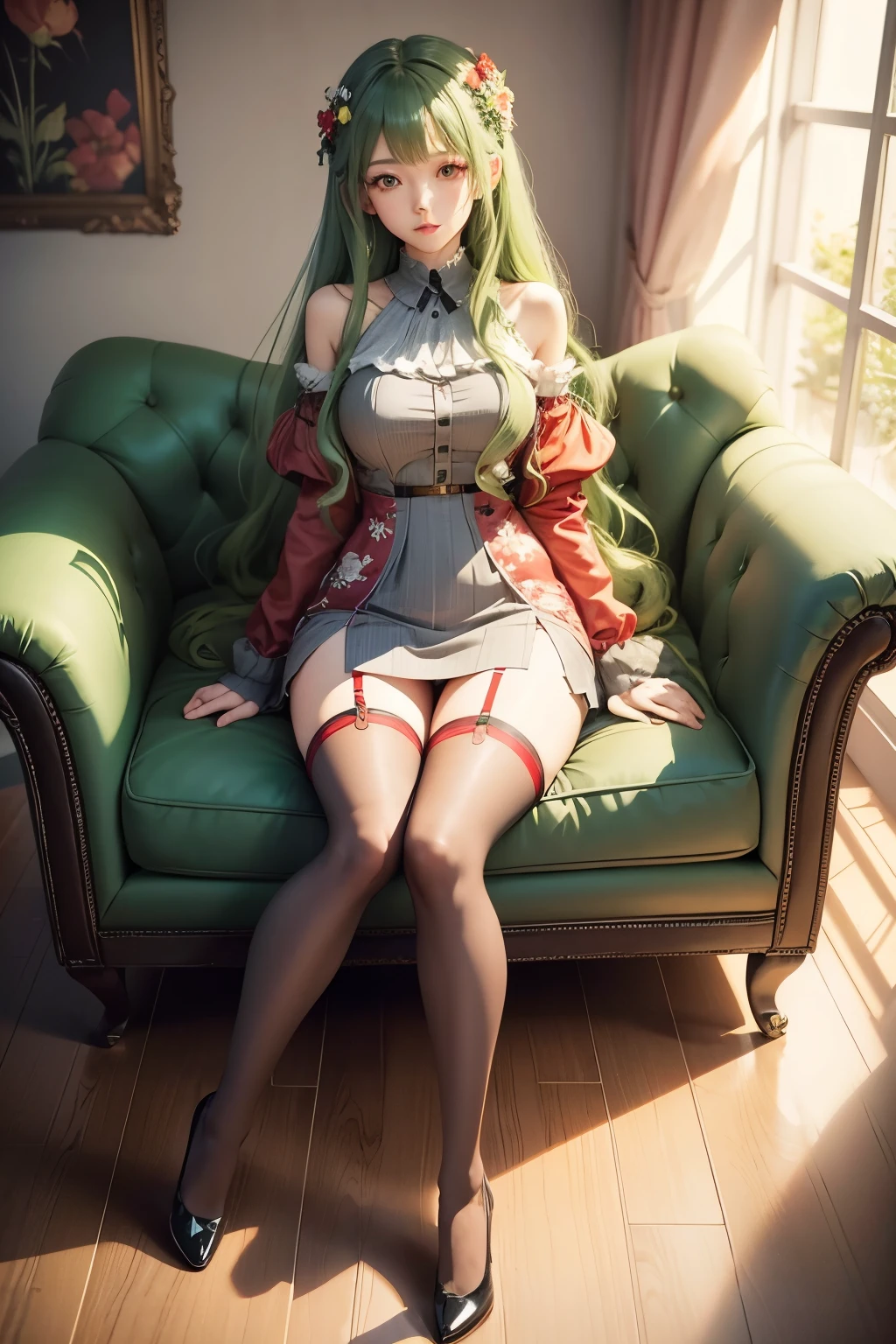 , long curly green hair, full body, very short red miniskirt, light grey thigh-high stockings, long legs, open legs, in a flowers print sofa 