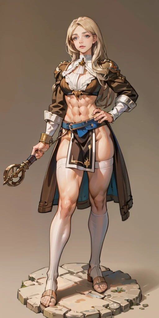 full body toe to head, masterpiece, 1soloMILF BIMBO standing yellow loincloth and yellow bra, left hand on hips and right hand down pose, leather collar choker neck bell shackles wristbands bracers bracelets sleeves and stockings, strong body, abs, shiny skin (masterpiece, best quality) 1girlsolo wearing 40K Warhammer sisters of battle Adepta Sororitas wearing a big belt (Nylon Belt for Women) (plain background))