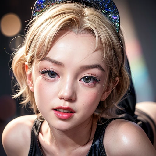 NSFW, 8k, High-level, absurd, masterpiece, best quality, primitive, very detailed CG, very detailed wallpaper, perfect lighting, Extremely detailed (((The personifying "Marilyn Monroe" as a Girl))), MysticSight, Tyndall effect, Tyndall scattering, (Studio gray background with (many Dazzling RainbowColor particles BokeH)), (RoundlyButts, ThighGap), (Exposed:0.4), (Assfocus with looking ahead), BREAK (((NOGIZAKA face variations))) Extremely Detailed very KAWAII face variations, perfect anatomy, Childish, captivating gaze, elaborate detailed Eyes with (sparkling highlights:1.28), long eyelashes、Glossy RED Lips with beautiful details, Coquettish tongue, Rosy cheeks, Radiant PearlSkin with clear transparency . { (Dynamic LifeLike expressions:1.4) | :d) }, (large eyes:-1) .