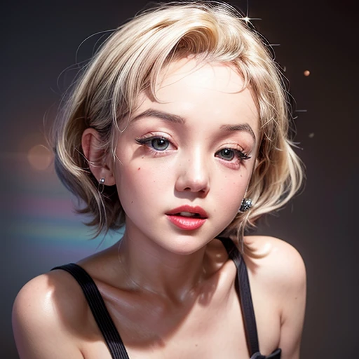 NSFW, 8k, High-level, absurd, masterpiece, best quality, primitive, very detailed CG, very detailed wallpaper, perfect lighting, Extremely detailed (((The personifying "Marilyn Monroe" as a Girl))), MysticSight, Tyndall effect, Tyndall scattering, (Studio gray background with (many Dazzling RainbowColor particles BokeH)), (RoundlyButts, ThighGap), (Exposed:0.4), (Assfocus with looking ahead), BREAK (((NOGIZAKA face variations))) Extremely Detailed very KAWAII face variations, perfect anatomy, Childish, captivating gaze, elaborate detailed Eyes with (sparkling highlights:1.28), long eyelashes、Glossy RED Lips with beautiful details, Coquettish tongue, Rosy cheeks, Radiant PearlSkin with clear transparency . { (Dynamic LifeLike expressions:1.4) | :d) }, (large eyes:-1) .