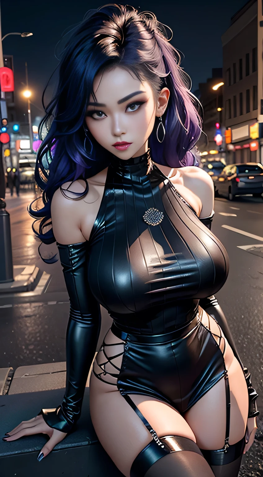 sfw,  4k-ultra sharp、highest quality, masterpiece, ultra high resolution, (reality: 1.4),   girl, purple eyes, Off-the-shoulder sweater dresses, cinematic lighting、purple and black hair、(mine girl、goth makeup、mine makeup)、(Pierced ears、big breasts、Oversized black T-shirt with open shoulders、dark mini skirt)、((dark makeup、oil skin,sparkling skin、realistic skin texture、detailed beautiful skin、shiny skin)), Dark downtown at night、night、blue film photography、kabukicho、Dark Cyberpunk、(full shot:1.8)、thin legs、thin arms、thin shoulders、thin waist、slender body、big breasts、whole body、Height 161cm、Weight 48Kg、F cup three sizes:B90/W56/H87 A big-breasted  with experience of over 50 people, wearing bra,((skinny waist)), young asian girl, ((big breasted)),