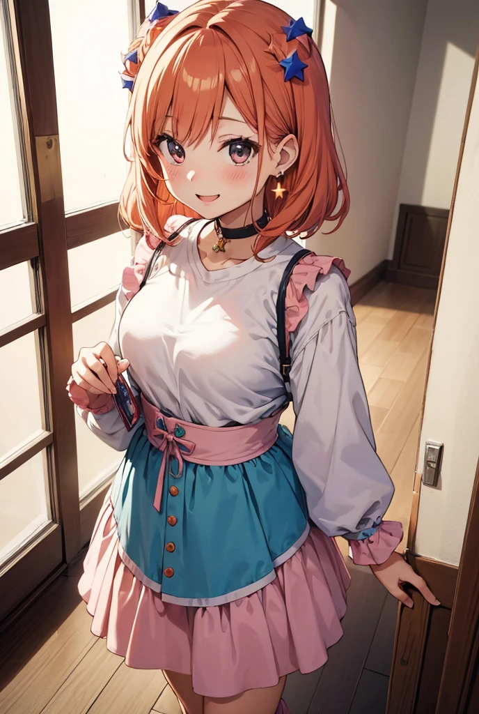 girl, anime, masterpiece, highest quality, Super detailed, Bedroom, Bust Shot, From above, Leaning forward while standing, harajuku fashion, Peach medium hair, Blissful smile, Star Earrings