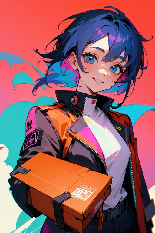 Coloured hair, many colors anime postman, holding a box in her arms, smiling face, cyberpunk, creative colours