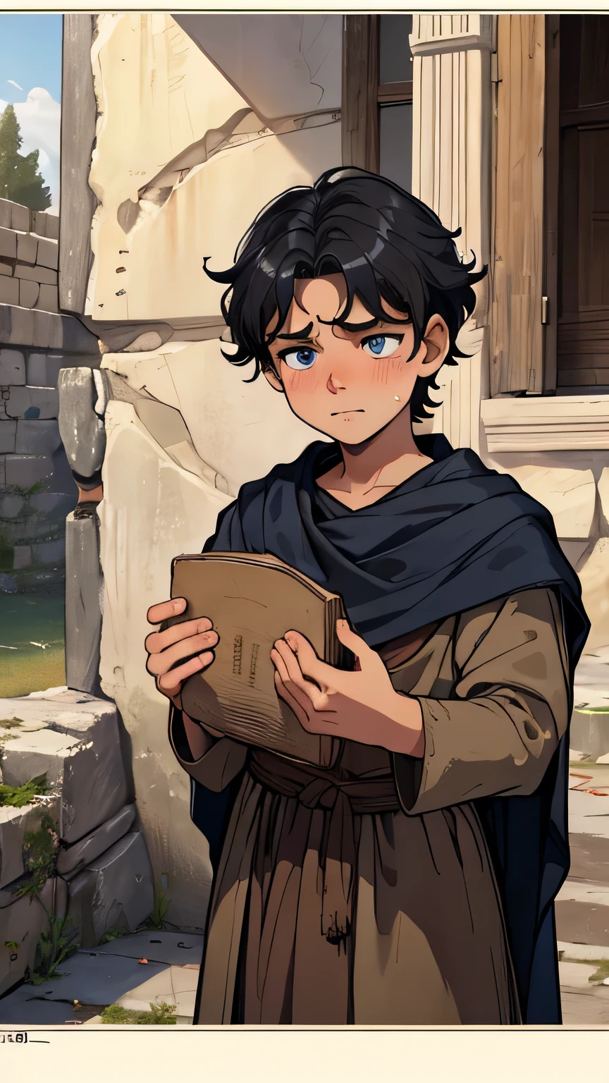 8 year old boy blue eyes crying, focus on his face, dark gray hair, dressed in ancient and poor brown clothing, 1st century Greek house with stone walls 1st century AD, dark