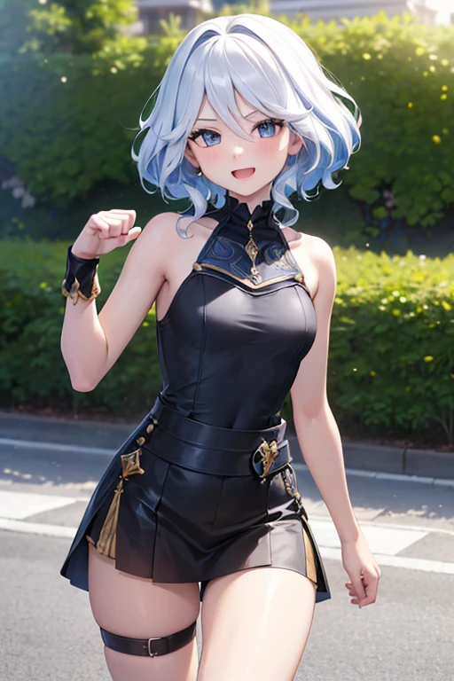 (highest quality,4K,High resolution,masterpiece:1.2),Very detailed,Beautiful details, Teenage body,Expressions of joy,Furina character, 16-year-old teenager,
 Happy expression,Walking around the city, Shiny Hair,brake,tank top, 	fist bump