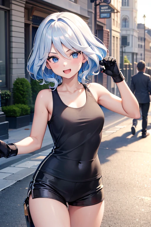 (highest quality,4K,High resolution,masterpiece:1.2),Very detailed,Beautiful details, Teenage body,Expressions of joy,Furina character, -yeld tepy expression,Walking around the city, Shiny Hair,brake,tank top, 	fist bump