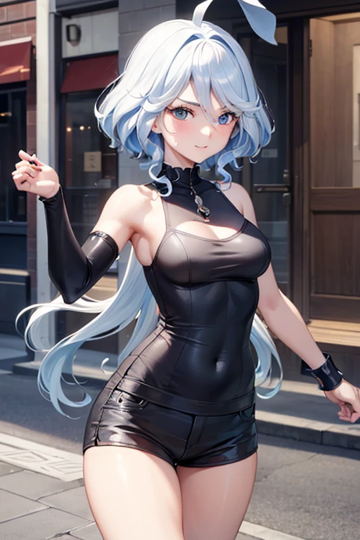 (highest quality,4K,High resolution,masterpiece:1.2),Very detailed,Beautiful details, age body,Expressions of joy,Furina character, 16-year-old teen,
Happy expression,Walking around the city, Shiny Hair,brake,tank top, fist bump