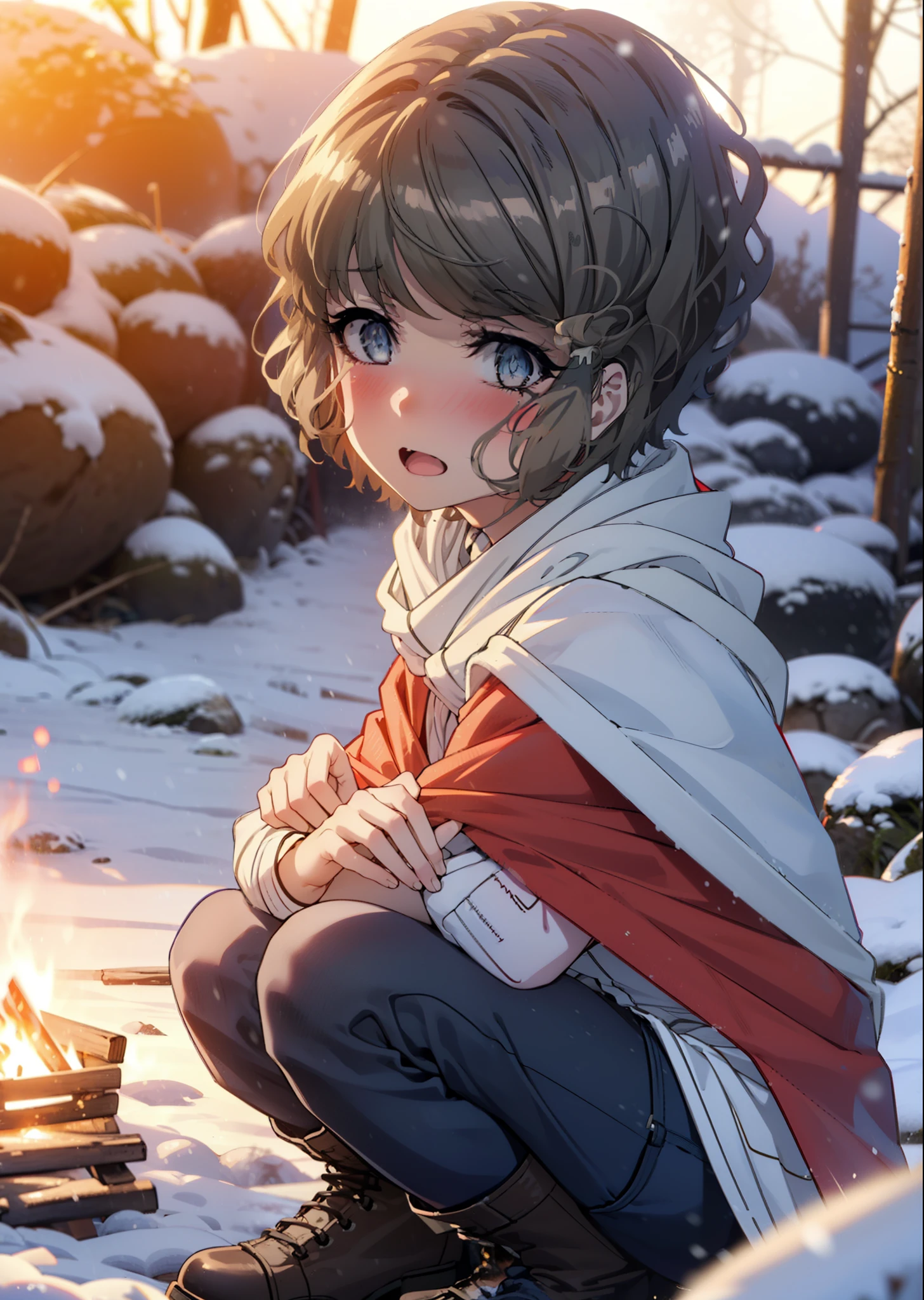 tomoekoga, Chie Koga, short hair, Brown Hair, blue eyes, hair band,smile,blush,White Breath,Center of chest,
Open your mouth,snow,Ground bonfire, Outdoor, boots, snowing, From the side, wood, suitcase, Cape, Blurred, having meal, forest, White handbag, nature,  Squat, Mouth closed, Cape, winter, Written boundary depth, Black shoes, red Cape break looking at viewer, Upper Body, whole body, break Outdoor, forest, nature, break (masterpiece:1.2), highest quality, High resolution, unity 8k wallpaper, (shape:0.8), (Beautiful and beautiful eyes:1.6), Highly detailed face, Perfect lighting, Extremely detailed CG, (Perfect hands, Perfect Anatomy),