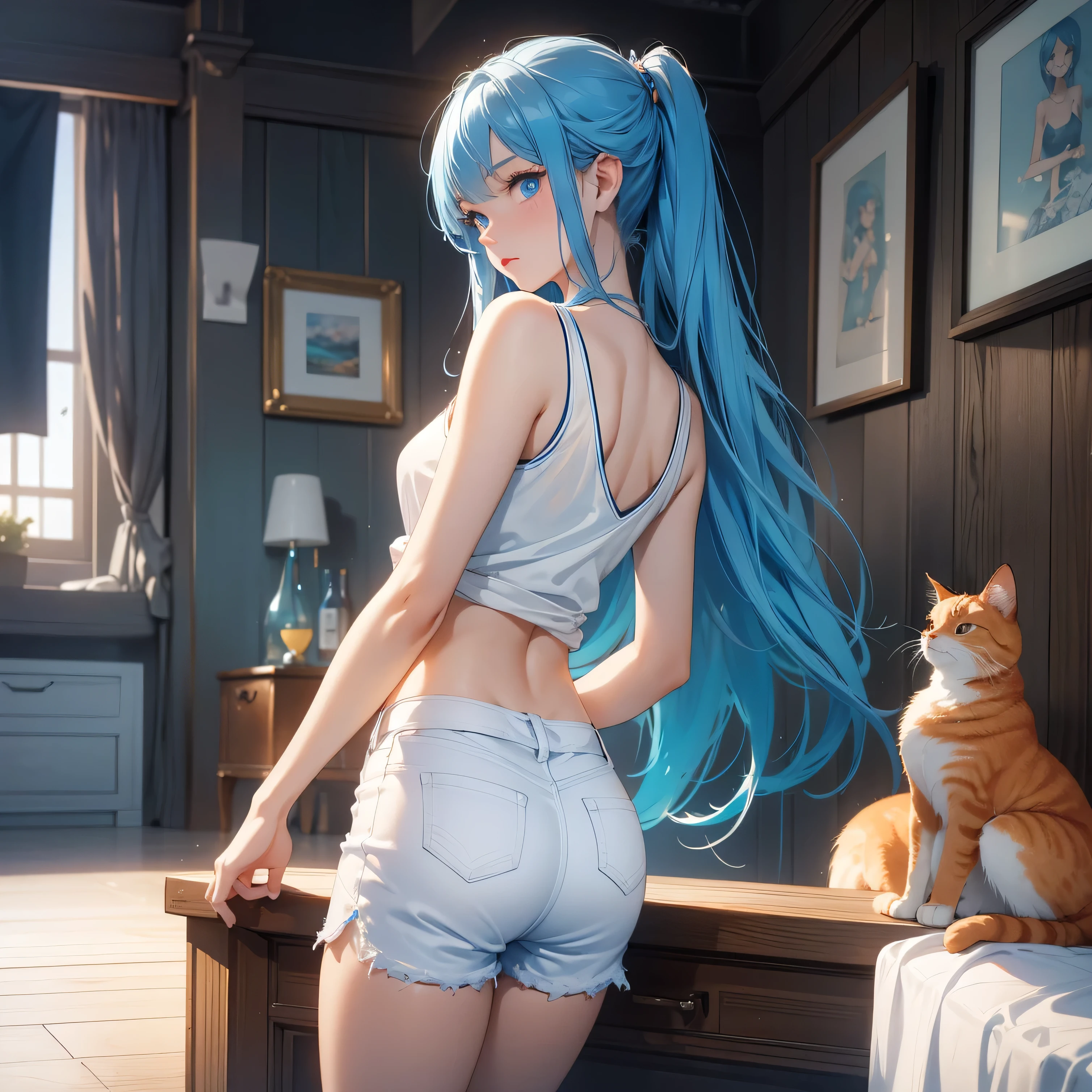 1girl, ocean blue hair, blue eyes, wearing white tank top, white denim sexy shorts, sexy pose, 1 oranje cats in the room, room, absurdres, high res, ultrasharp, 8K, masterpiece, looking at viewer from behind