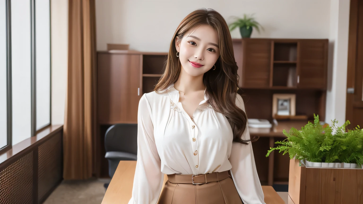 \Highest quality、High resolution、8k wallpaper、Dense and beautiful eyedium hair、(Beautiful breasts:1.3)、Natural color lip、25-year-old woman、1 female、Brown Hair、Semi-long hair、smile、Fluffy blouse、Knee-length tight skirt、office、indoor、work