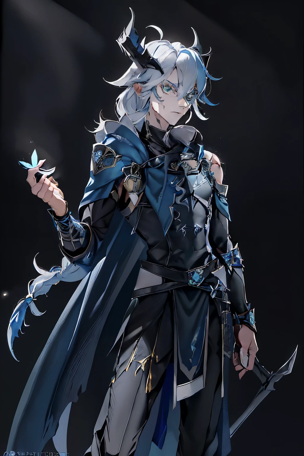 an anime man 1.80 tall (long silver hair) with (green eyes) with (a scar on his forehead in x) and (several runes on his body with a blue color but the most striking is one that resembles a dragon in its back) (a black tail

clothes (he wears a torn cloak and a chest piece together and shoulder pads made of old plates with a symbol of two dragons)

your weapon (it's a bow made of black steel with blue runes that attach to a blue stone in the middle of the bow)