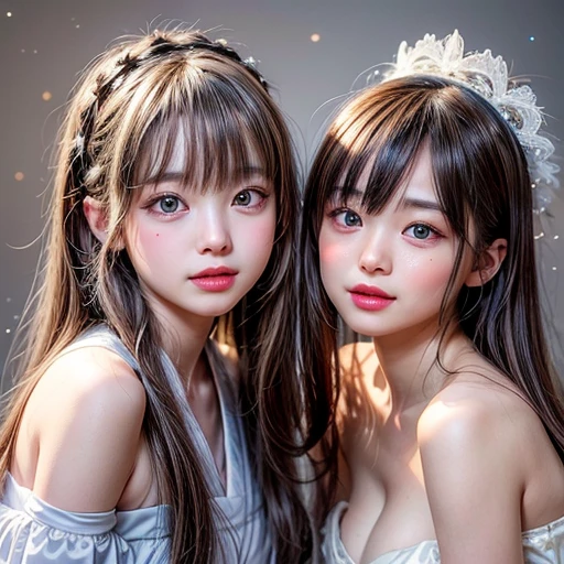 NSFW, 8k, High-level, absurd, masterpiece, best quality, primitive, very detailed CG, very detailed wallpaper, perfect lighting, Extremely detailed (((The personifying "Sayuri Yoshinaga" as a Girl))), MysticSight, Tyndall effect, Tyndall scattering, (Studio gray background with (many Dazzling RainbowColor particles BokeH)), (RoundlyButts, ThighGap), (Exposed:0.4), (Assfocus with looking ahead), BREAK (((NOGIZAKA face variations))) Extremely Detailed very KAWAII face variations, perfect anatomy, Childish, captivating gaze, elaborate detailed Eyes with (sparkling highlights:1.28), long eyelashes、Glossy RED Lips with beautiful details, Coquettish tongue, Rosy cheeks, Radiant PearlSkin with clear transparency . { (Dynamic LifeLike expressions:1.4) | :d) }, (large eyes:-1) .
