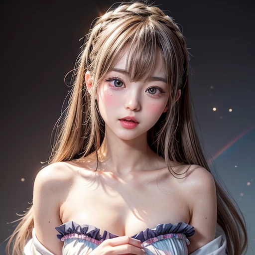 NSFW, 8k, High-level, absurd, masterpiece, best quality, primitive, very detailed CG, very detailed wallpaper, perfect lighting, Extremely detailed (((The personifying "Sayuri Yoshinaga" as a Girl))), MysticSight, Tyndall effect, Tyndall scattering, (Studio gray background with (many Dazzling RainbowColor particles BokeH)), (RoundlyButts, ThighGap), (Exposed:0.4), (Assfocus with looking ahead), BREAK (((NOGIZAKA face variations)))  Extremely Detailed very KAWAII face variations, perfect anatomy, Childish, captivating gaze, elaborate detailed Eyes with (sparkling highlights:1.28), long eyelashes、Glossy RED Lips with beautiful details, Coquettish tongue, Rosy cheeks, Radiant PearlSkin with clear transparency . { (Dynamic LifeLike expressions:1.4) | :d) }, (large eyes:-1) .