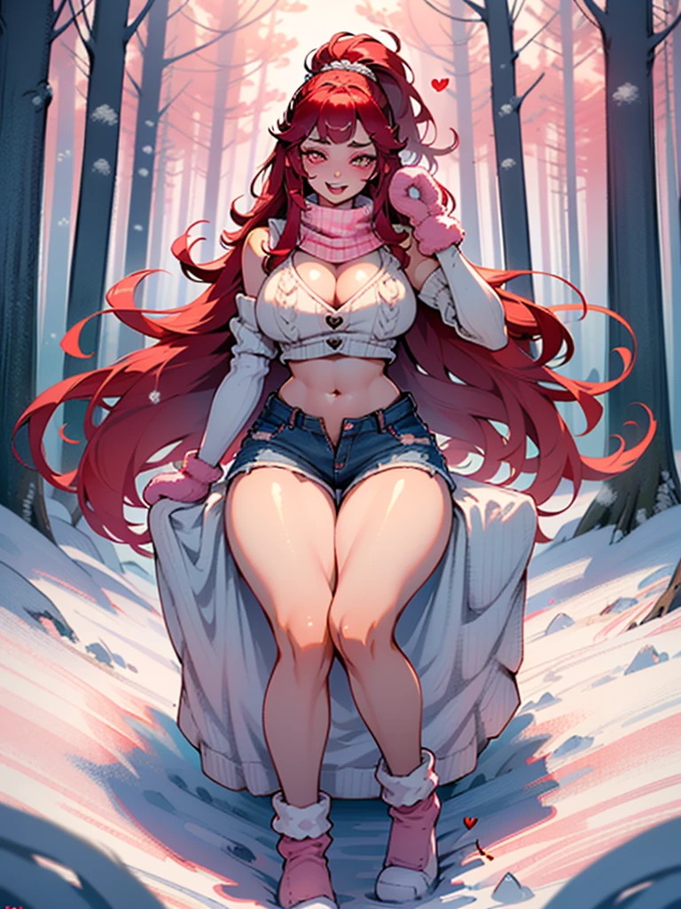 explorer girl,1girl,((extremely cute and beautiful red haired explorer girl)),(((18 years old))),(large breasts:1.4),((((red hair:1.35,absurdly long unkempt hair,ponytail red hair,bangs,colored inner hair,ear breathing)))),(((red_eyes:1.3))),intricate eyes,beautiful detailed eyes,symmetrical eyes,((((lustrous skin:1.5,tanned skin,bright skin:1.5,skin tanned,shiny skin,very shiny skin,shiny body)))),(spider lower abdomen,narrow waist,wide hip,athletic body,inflated legs,thick thighs,detailed body,(detailed face)),((heart pupils:1.5,heart:1.3,hearts:1.3,heart marks:1.3)),(ahegao face:1.5),
cute,slutty,seductive,erotic,(nsfw),
((large white socks:1.5,socks texture must be natural)),((deep V sweater:1.5)),((no bottoms)),((white mittens:1.5,white scarf:1.5),((navel)),((shorts,short shorts,denim shorts)),(((unzipped, open fly))),
(dynamic pose:1.0),embarrassed,(centered,scale to fit dimensions,Rule of thirds),
((snowy pink cherry forest:1.5,pink theme forest:1.5)),winter,scenery:1.25,((intricate scenery)),((snow forest background)),Christmas tree,
(Glossy winter ornaments),highres,sharp focus,(ultra detailed,extremely detailed),(photorealistic artwork:1.37),(extremely detailed CG unity 8k wallpaper),(((vibrant colors,vibrant theme))),(intricate),(masterpiece),(best quality),