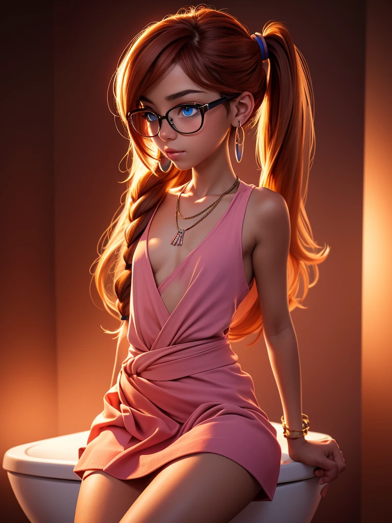 (masterpiece), best quality, realistic, ultra-detailed CG, 8k HDR wallpaper, a dimly-lit cigar lounge,
portrait of a 13 year old girl, a skinny , sitting on a toilet in a publc bathroom, skirt up around waist.
detailed face, detailed blue eyes, glasses, necklace, bracelet, earrings, thin body, flat chest, small breasts, small size,
walking toward the camera, seductive gaze to the viewer, long hair with 2 pigtails ,vivid colors, warm color tones, soft lighting, gradient background