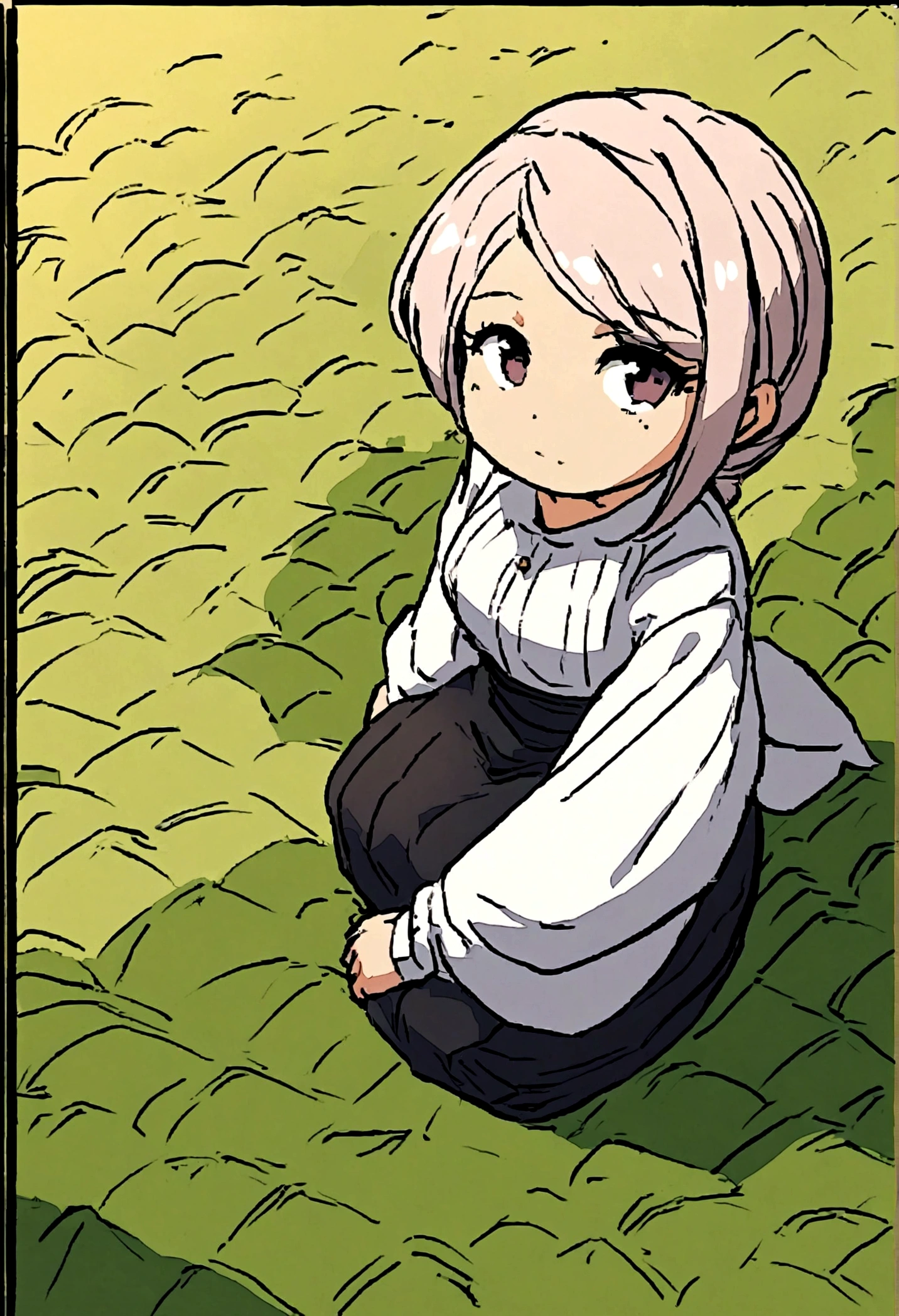 Illustration of a rich woman sitting and looking at a rice field. Wide angle, straight face, Tha Ro card style.