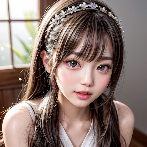 NSFW, 8k, High-level, absurd, masterpiece, best quality, primitive, very detailed CG, very detailed wallpaper, perfect lighting, Extremely detailed (((The personifying "Sayuri Yoshinaga" as a Girl))), MysticSight, Tyndall effect, Tyndall scattering, (Studio gray background with (many Dazzling RainbowColor particles BokeH)), (RoundlyButts, ThighGap), (Exposed:0.4), (Assfocus with looking ahead), BREAK (NOGIZAKA face variations) Extremely Detailed very KAWAII face variations, perfect anatomy, Childish, captivating gaze, elaborate detailed Eyes with (sparkling highlights:1.28), long eyelashes、Glossy RED Lips with beautiful details, Coquettish tongue, Rosy cheeks, Radiant PearlSkin with clear transparency . { (Dynamic LifeLike expressions:1.4) | :d) }, (large eyes:-1) .