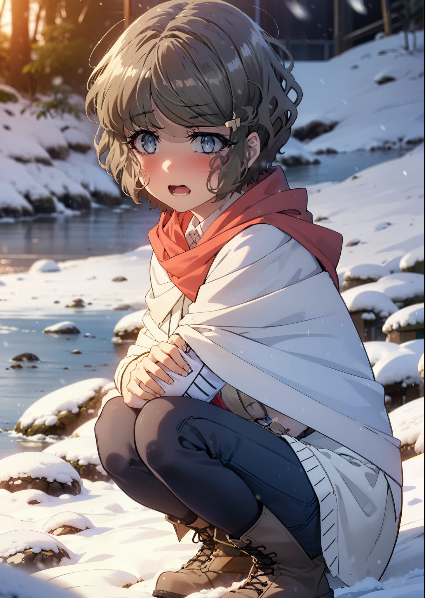 tomoekoga, Chie Koga, short hair, Brown Hair, blue eyes, hair band,smile,blush,White Breath,Center of chest,
Open your mouth,snow,Ground bonfire, Outdoor, boots, snowing, From the side, wood, suitcase, Cape, Blurred, having meal, forest, White handbag, nature, Squat, Mouth closed, Cape, winter, Written boundary depth, Black shoes, red Cape break looking at viewer, Upper Body, whole body, break Outdoor, forest, nature, break (masterpiece:1.2), highest quality, High resolution, unity 8k wallpaper, (shape:0.8), (Beautiful and beautiful eyes:1.6), Highly detailed face, Perfect lighting, Extremely detailed CG, (Perfect hands, Perfect Anatomy),