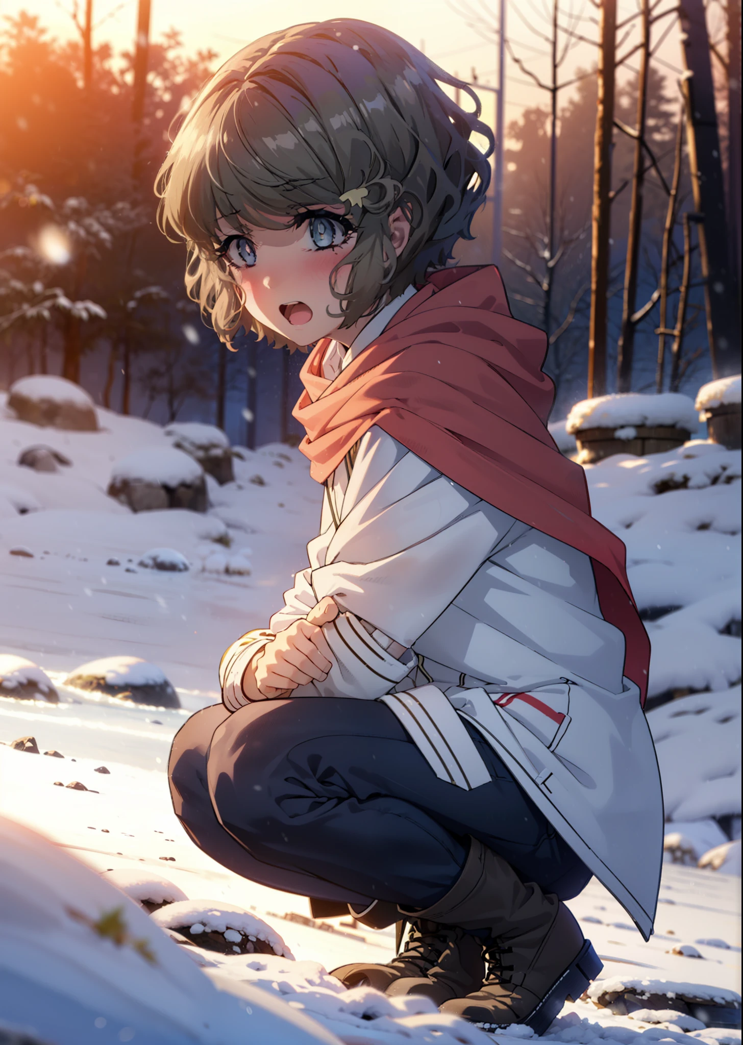 tomoekoga, Chie Koga, short hair, Brown Hair, blue eyes, hair band,smile,blush,White Breath,Center of chest,
Open your mouth,snow,Ground bonfire, Outdoor, boots, snowing, From the side, wood, suitcase, Cape, Blurred, having meal, forest, White handbag, nature, Squat, Mouth closed, Cape, winter, Written boundary depth, Black shoes, red Cape break looking at viewer, Upper Body, whole body, break Outdoor, forest, nature, break (masterpiece:1.2), highest quality, High resolution, unity 8k wallpaper, (shape:0.8), (Beautiful and beautiful eyes:1.6), Highly detailed face, Perfect lighting, Extremely detailed CG, (Perfect hands, Perfect Anatomy),