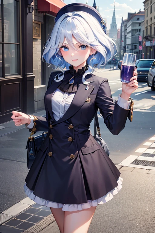 (highest quality,4K,High resolution,masterpiece:1.2),Very detailed,Beautiful details, age body,Expressions of joy,Furina character, 16-year-old teen,
Happy expression,Walking around the city, Shiny Hair,brake, coat, holding a bag