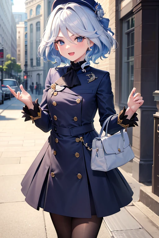 (highest quality,4K,High resolution,masterpiece:1.2),Very detailed,Beautiful details, age body,Expressions of joy,Furina character, 16-year-old teen,
Happy expression,Walking around the city, Shiny Hair,brake, coat, holding a bag