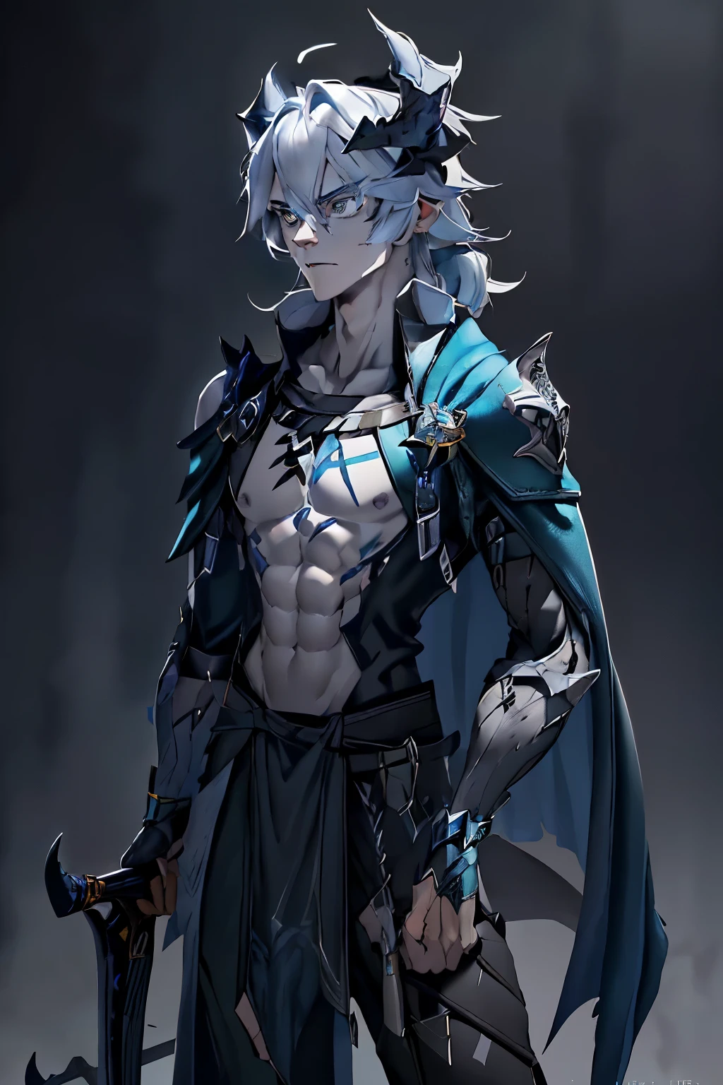 an anime man 1.80 tall (long silver hair) with (green eyes) with (a scar on his forehead in x) and (several runes on his body with a blue color but the most striking is one that resembles a dragon in its back) (a black tail

clothes (he wears a torn cloak and a chest piece together and shoulder pads made of old plates with a symbol of two dragons)

your weapon (it's a bow made of black steel with blue runes that attach to a blue stone in the middle of the bow)