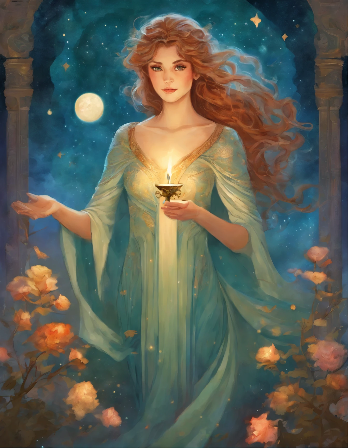 Manara inspired illustration of beautiful lady holding a candle. She’s got expressive eyes, and her hair is short and dark red and green and cyan. Her skin is white marble and her legs are perfect. She’s wearing Klimt inspired dress. Very detailed image. The sky is Gogh’s starry sky