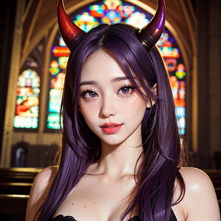 Succubus, 23 years old, south korean, idol, masterpiece, 4k, perfect face, horns, soft skin, freckles under eyes, long whavy purple hair, shining bright purple eyes, red eyeliners, red lips, big smile, closed mouth, natural makeup, soft lighting, bright colors, in a church, mugshot.