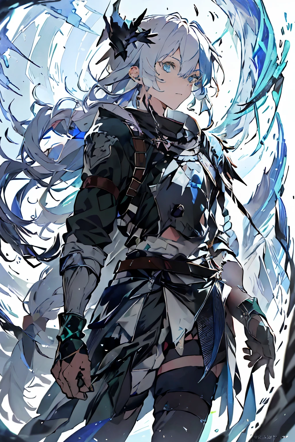 an anime man 1.80 tall (long silver hair) with (green eyes) with (a scar on his forehead in x) and (several runes on his body with a blue color but the most striking is one that resembles a dragon in its back) (a black tail

clothes (he wears a torn cloak and a chest piece together and shoulder pads made of old plates with a symbol of two dragons)

your weapon (it's a bow made of black steel with blue runes that attach to a blue stone in the middle of the bow)