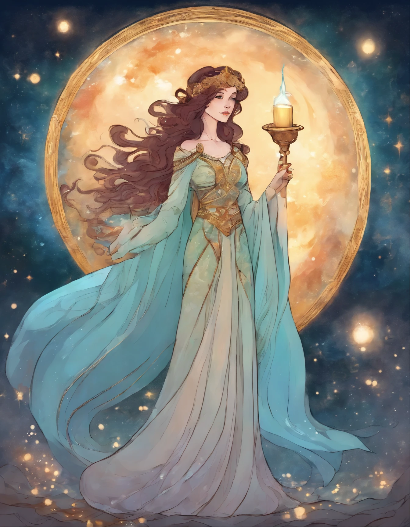 Manara inspired illustration of beautiful lady holding a candle. She’s got expressive eyes, and her hair is short and dark red and green and cyan. Her skin is white marble and her legs are perfect. She’s wearing Klimt inspired dress. Very detailed image. The sky is Gogh’s starry sky