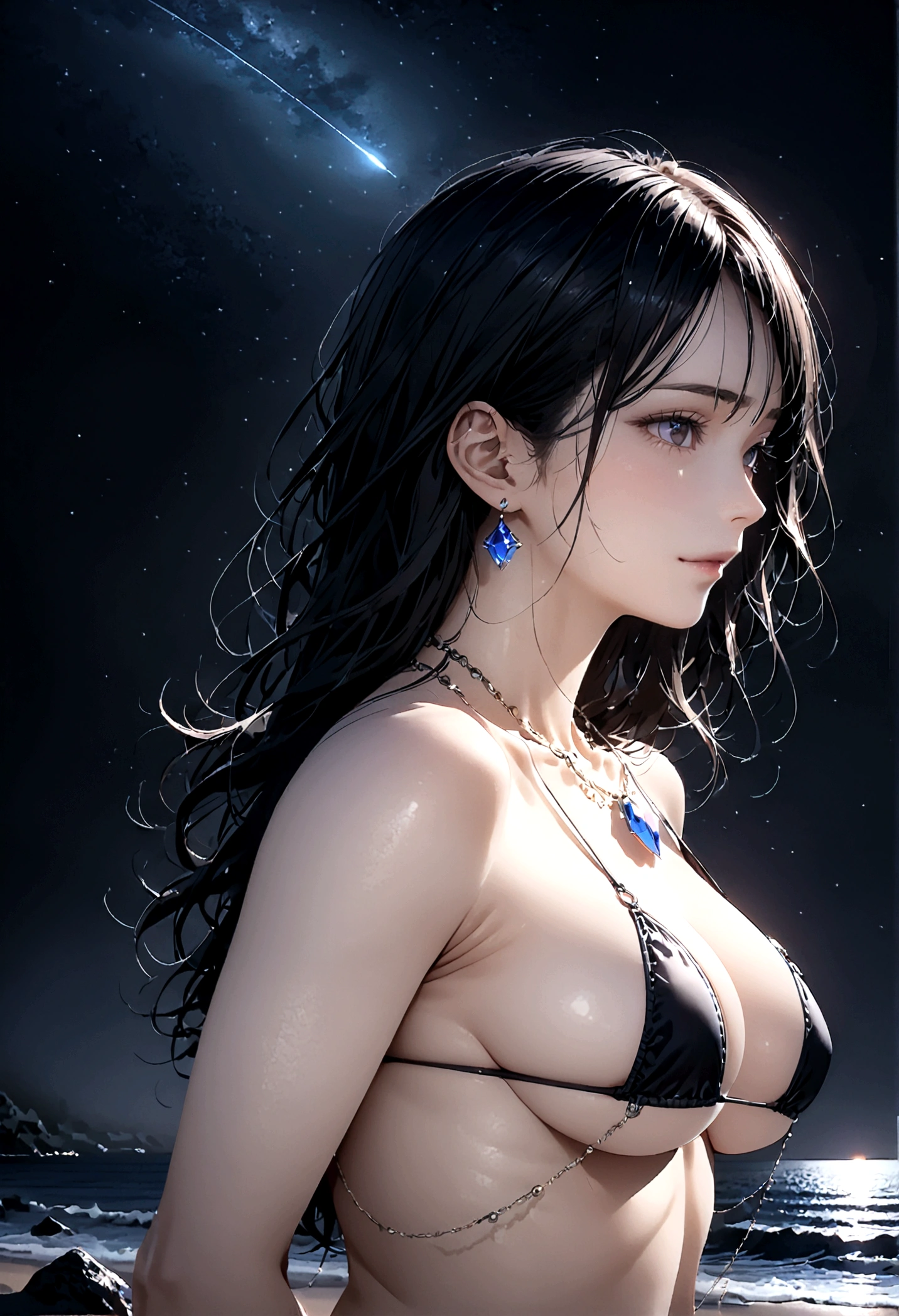 8k, masterpiece, RAW Photos, highest quality, Realistic, Very detailed, Depth of written boundary, Cinematic Light, Anatomically correct body,
One beautiful 40 year old woman, Very beautiful face, Exquisitely detailed face, (A calm and gentle face:1.4), Very delicate skin texture, Transparent muscle, Shiny white skin, Glamorous Body,
(Wavy black long hair:1.2), Sexy Breasts, Sexy ass,
(White micro bikini:1.2), (Detailed cloth texture:1.2), (Gorgeous jewel-studded body chain accessories:1.3), (Gorgeous necklace:1.1), (Gorgeous earrings:1.1),
(Dark starry background:1.4), (Milky Way:1.1), (milky way:1.1), (shooting star:1.1), (Dark coastline at night:1.4), (Pitch black sea surface:1.4),
(Standing on the beach:1.2),
(Low angle shot:1.5),