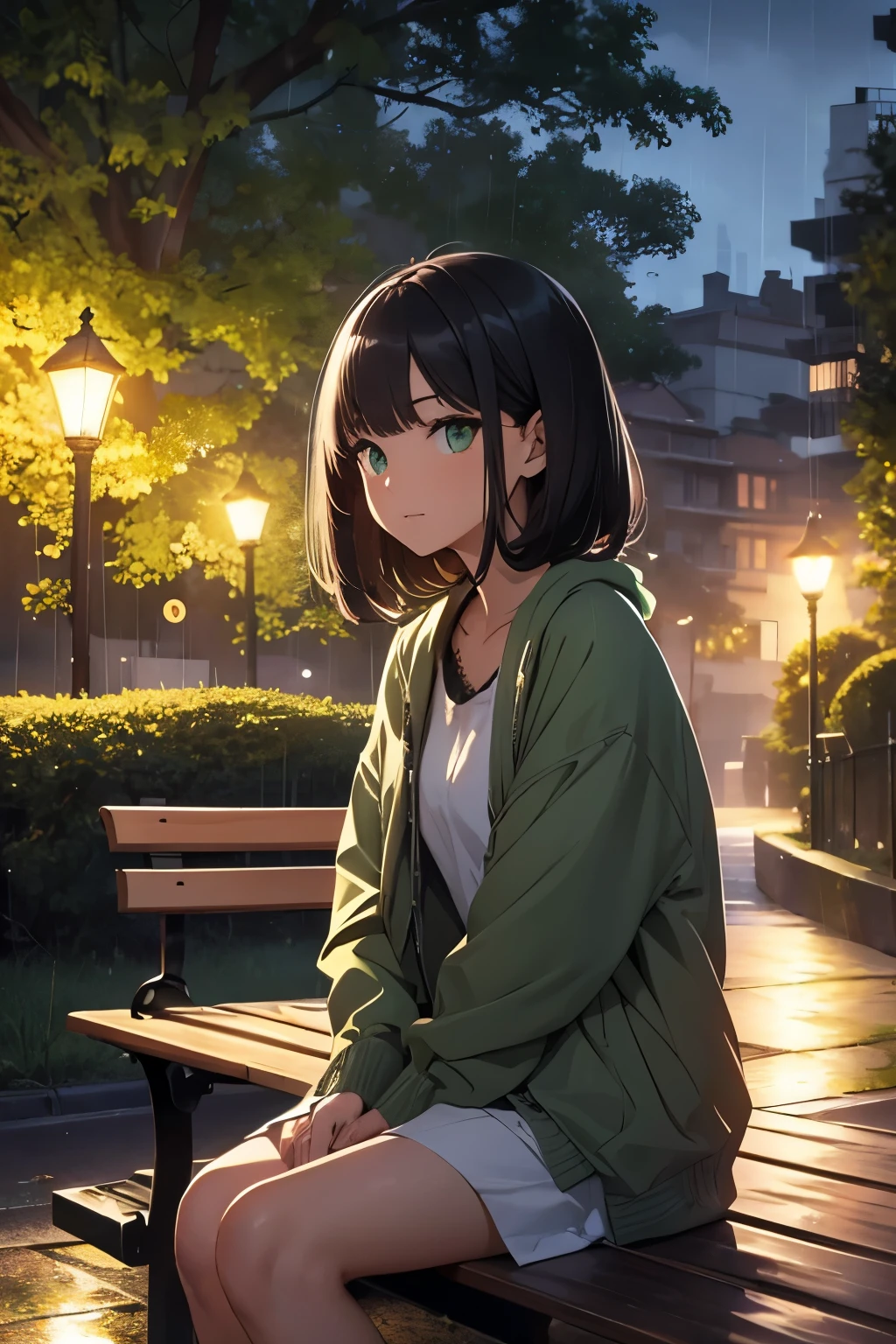Wooden bench in a park. During the night, it rains. Luxurious.With street lights. A girl with black hair and green eyes is sitting on it