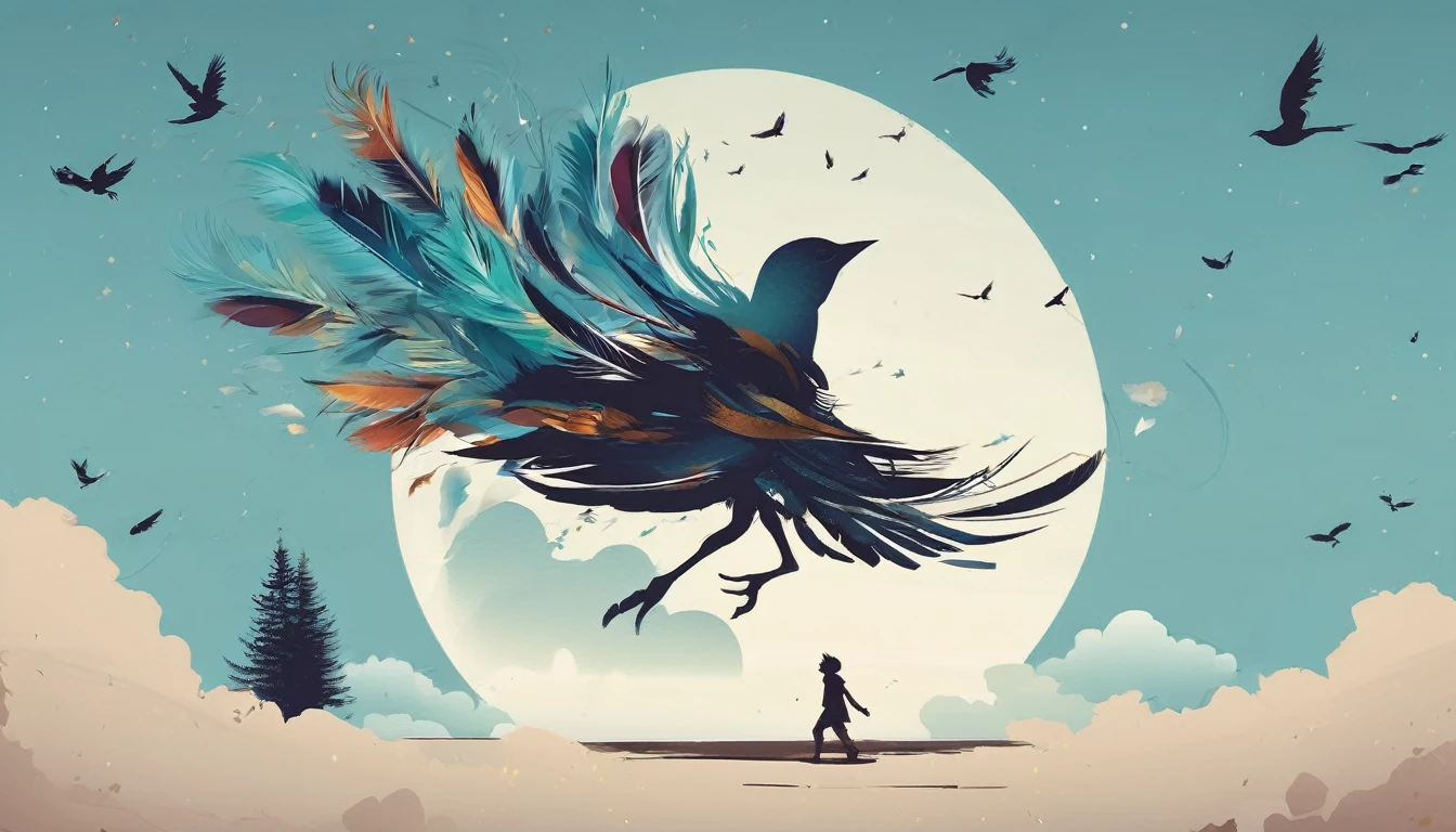 Create a professional, fantastic, cinematic Youtube Banner Art for a brand about music and stories called " Penamemoria". The title in the center is" Penamemoria". Penamemoria is a brand about the creative, unique journey of a boy into becoming a musician storyteller. In his journey he finds inspiration in a world of birds and feathers. Minimalistic, simple, poetic, dreamy logotype at the center of the image. The Background image is a world full of fantastic feathers, unique birds, light blue sky, and a boy running happily into the horizon with an acoustic guitar in his right hand. Boy running against the wind, almost simulating like he is flying