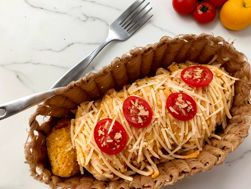 uma cozinha com a banca repleta de palmito, Parmesan cheese, tomate, azeitona e um saco de batata palha. See if there is a slight dirt, fruit of a lunch preparation.