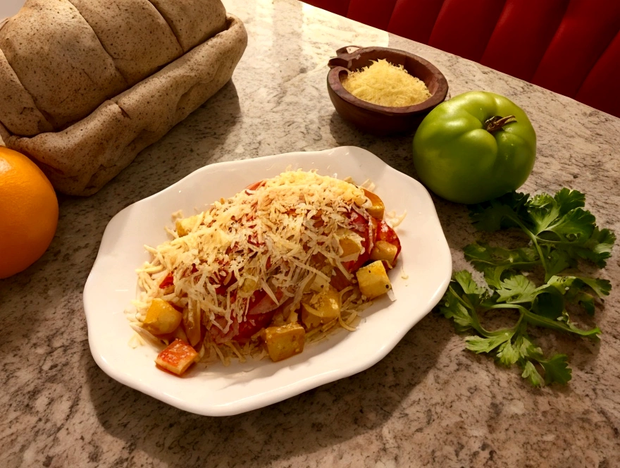 uma cozinha com a banca repleta de palmito, Parmesan cheese, tomate, azeitona e um saco de batata palha. See if there is a slight dirt, fruit of a lunch preparation.