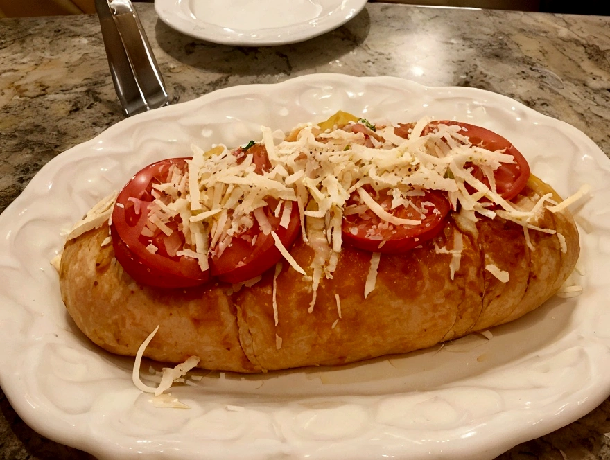 uma cozinha com a banca repleta de palmito, Parmesan cheese, tomate, azeitona e um saco de batata palha. See if there is a slight dirt, fruit of a lunch preparation.