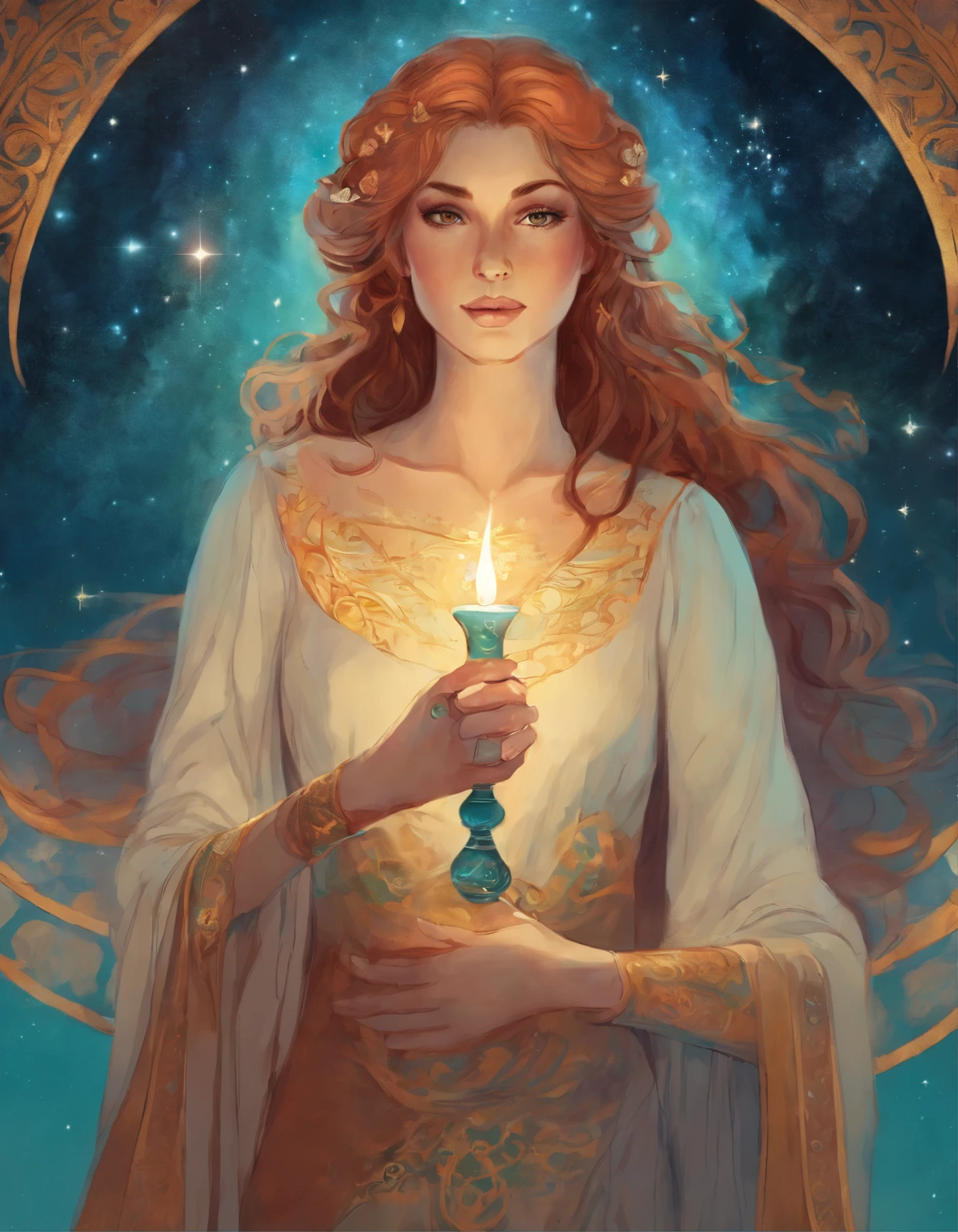 Manara inspired illustration of beautiful lady holding a candle. She’s got expressive eyes, and her hair is short and dark red and green and cyan. Her skin is white marble and her legs are perfect. She’s wearing Klimt inspired dress. Very detailed image. The sky is Gogh’s starry sky