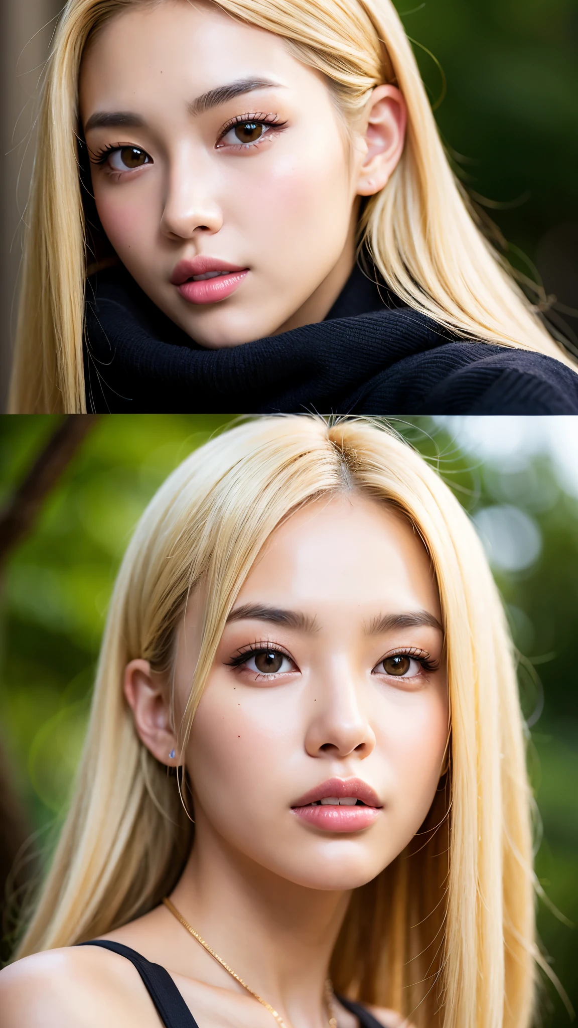 Realistic portrait of a 21 year old Asian girl with blonde skunk hair, Perfect Face, Brown eyes, cute, beautiful, Perfect jawline, Detailed characteristics, Thin Nose, Very detailed. She's a natural, Friendly expressions and soft lighting, Golden hour sunlight. 背景はbeautiful屋外の風景にしましょう, Perhaps a sunny park or beach. This image was taken in high resolution using an 85mm lens.、Providing a fascinating perspective。.