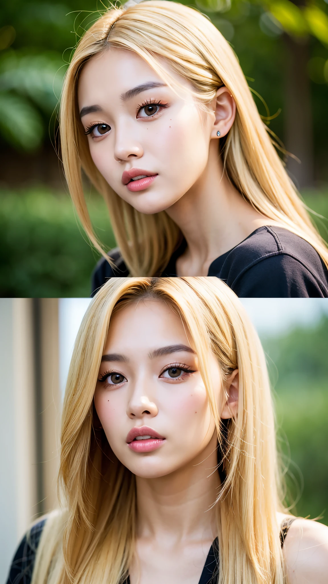 Realistic portrait of a 21 year old Asian girl with blonde skunk hair, Perfect Face, Brown eyes, cute, beautiful, Perfect jawline, Detailed characteristics, Thin Nose, Very detailed. She&#39;s a natural, Friendly expressions and soft lighting, Golden hour sunlight. 背景はbeautiful屋外の風景にしましょう, Perhaps a sunny park or beach. This image was taken in high resolution using an 85mm lens.、Providing a fascinating perspective。.