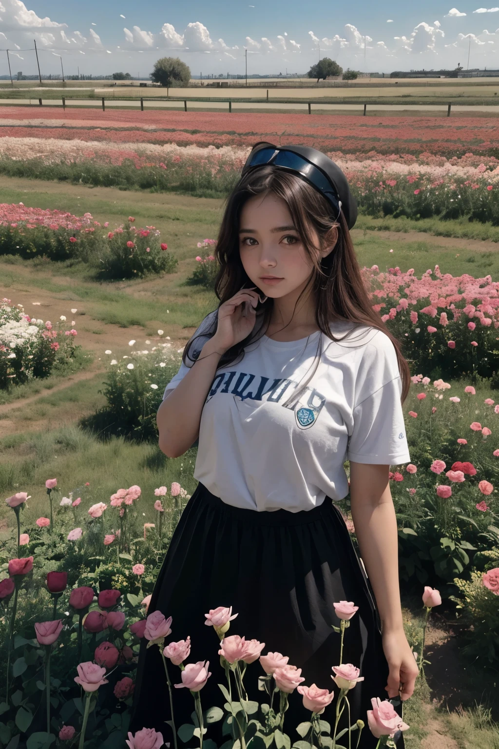 Un campo de rosas rojas y rosas, con un cielo azul intenso y unas nubes esponjosas en forma de corazon y en medio del campo, un hombre(alto)(pelo negro)y una mujer(estatura media)(pelo negro semilargo) que se estan dando la mano mirando al cielo