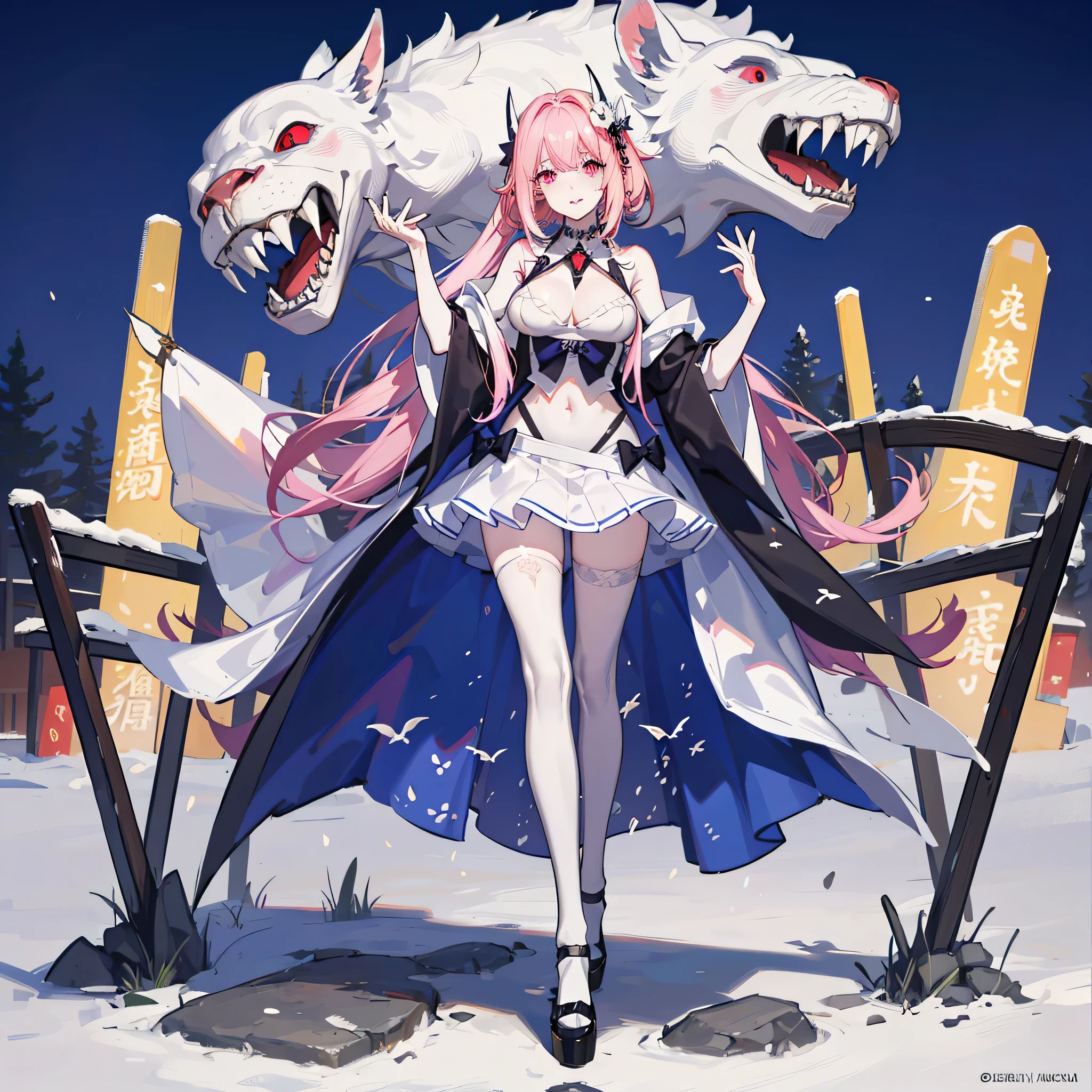 Original Character,8k, Masterpiece, Best Quality,Detailed, Beautiful Detailed Eyes,,cinematic composition,,1vampire girl,solo,pink eyes,blonde hair, long hair,(((white skin like a vampire,pale skin,colored skin))),sharp teeth,large breasts,(show belly,bare belly),(only white serafuku,sleeveless,black collar),(cleavage),(Japanese school white skirt),bare foots,elf ear,blush,((standing in front a stones ruins in night,cutes ghosts around)),night,white skin,colored skin,crazy Eyes,Crazy Smile, Shaded Face,yandere, yandere trance,teeths,closed mouth,full body