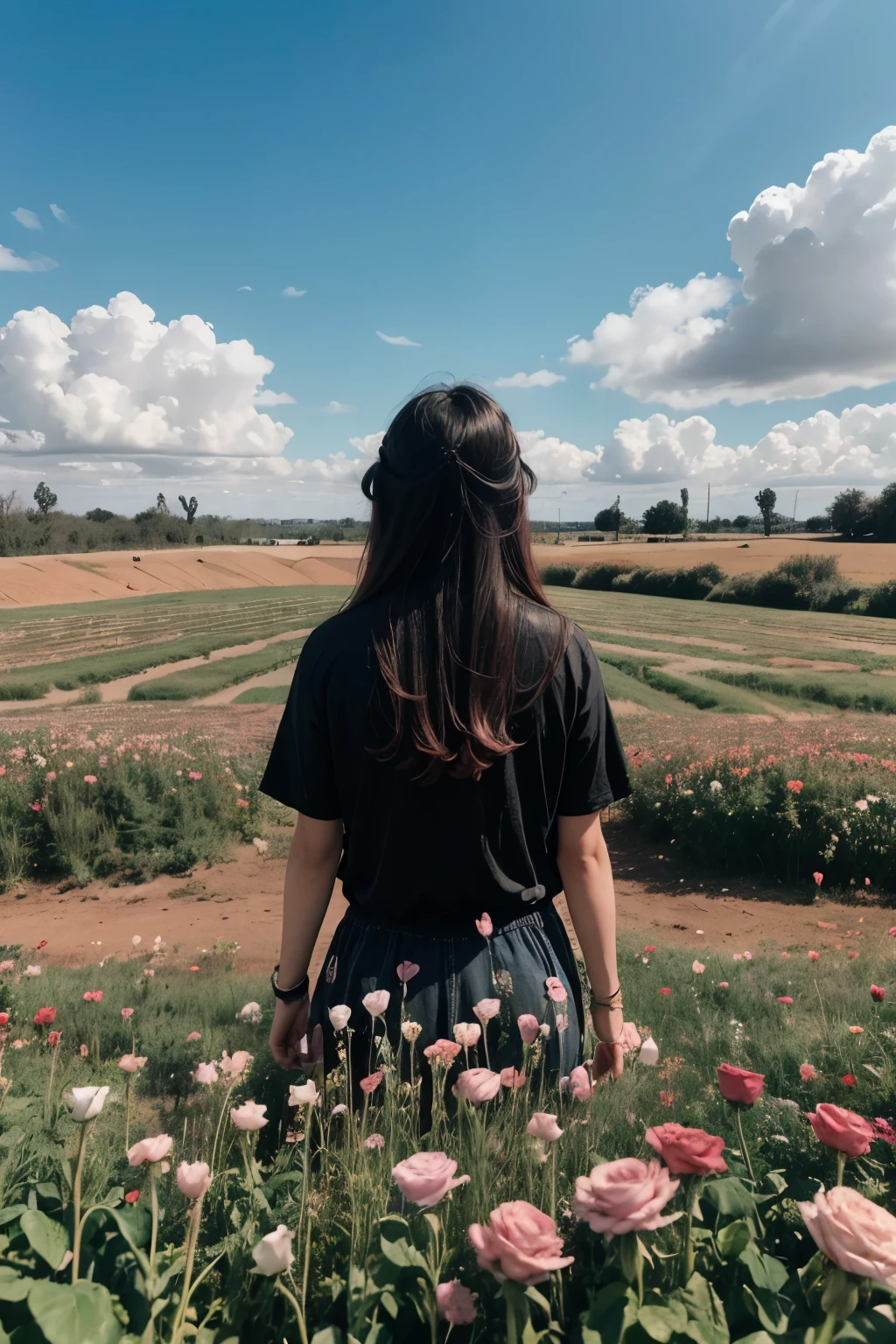 Un campo de rosas rojas y rosas, con un cielo azul intenso y unas nubes esponjosas en forma de corazon y en medio del campo, un hombre(alto)(pelo negro)y una mujer(estatura media)(pelo negro semilargo) que se estan dando la mano mirando al cielo