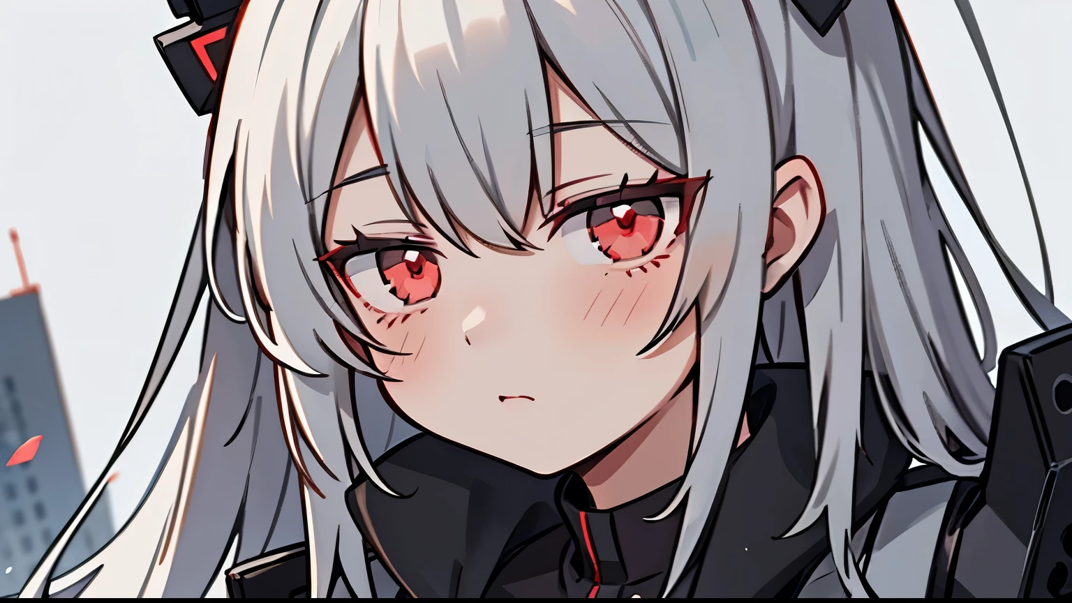 Close-up of a person with dark white hair and red eyes, portrait Gapmoe Yandere Grimdark, Gray-haired, Girls Frontline Style, From Girls Frontline, neutral, Anime Moe Art Style, Gapmoe Yandere Grimdark, gapmoe yandere, perfect Gray-haired girl, Gray-haired deity、Landscape walk