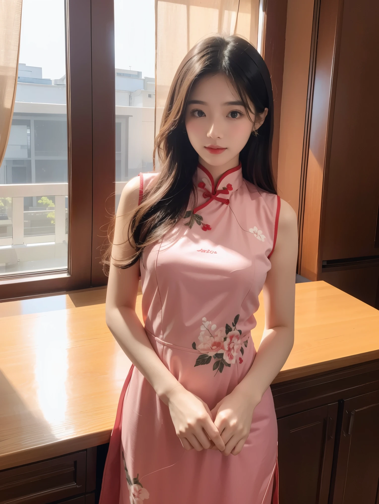 Ultra-realistic 8k, CG, Flawless, Cute expression, Intricate details, 18-year-old girl wearing chiffon cheongsam, Best quality, Realistic photos