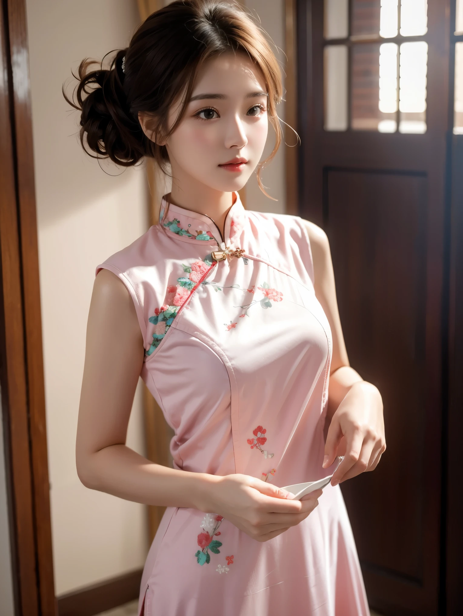 Ultra-realistic 8k, CG, Flawless, Cute expression, Intricate details, 18-year-old girl wearing chiffon cheongsam, Best quality, Realistic photos