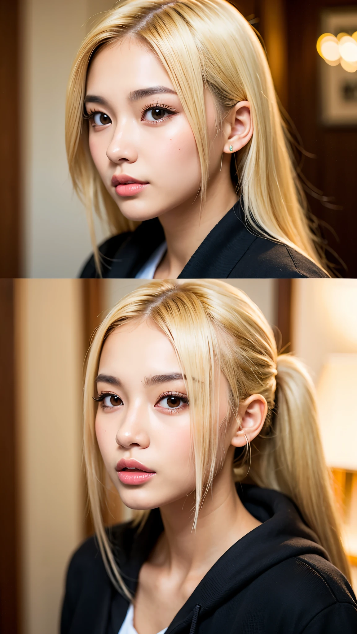 Realistic portrait of a 21 year old Asian girl with blonde skunk hair, Perfect Face, Brown eyes, cute, beautiful, Perfect jawline, Detailed characteristics, Thin Nose, Very detailed. She's a natural, Friendly expressions and soft lighting, Golden hour sunlight. 背景はbeautiful屋外の風景にしましょう, Perhaps a sunny park or beach. This image was taken in high resolution using an 85mm lens.、Providing a fascinating perspective、Large Breasts、Cleavage