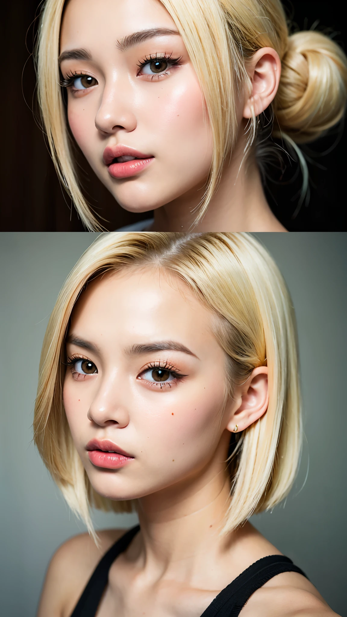 Realistic portrait of a 21 year old Asian girl with blonde skunk hair, Perfect Face, Brown eyes, cute, beautiful, Perfect jawline, Detailed characteristics, Thin Nose, Very detailed. She's a natural, Friendly expressions and soft lighting, Golden hour sunlight. 背景はbeautiful屋外の風景にしましょう, Perhaps a sunny park or beach. This image was taken in high resolution using an 85mm lens.、Providing a fascinating perspective、Large Breasts、Cleavage