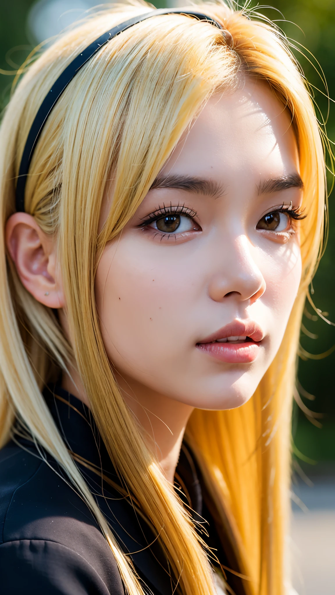Realistic portrait of a 21 year old Asian girl with blonde skunk hair, Perfect Face, Brown eyes, cute, beautiful, Perfect jawline, Detailed characteristics, Thin Nose, Very detailed. She's a natural, Friendly expressions and soft lighting, Golden hour sunlight. 背景はbeautiful屋外の風景にしましょう, Perhaps a sunny park or beach. This image was taken in high resolution using an 85mm lens.、Providing a fascinating perspective、Large Breasts、Cleavage