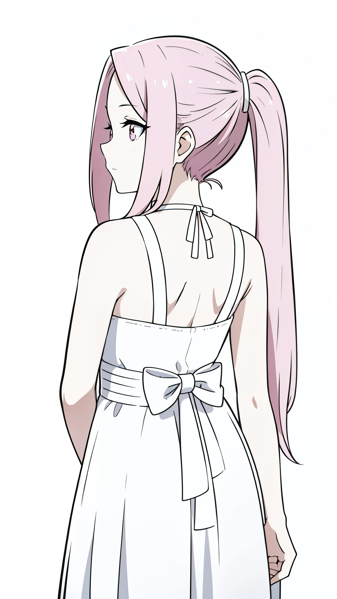 (1girl,,solo),pink hair,long hair,twintail,(medusa hair),simple white dress,sleeveless,(white background,line drawing),backside,(head up)