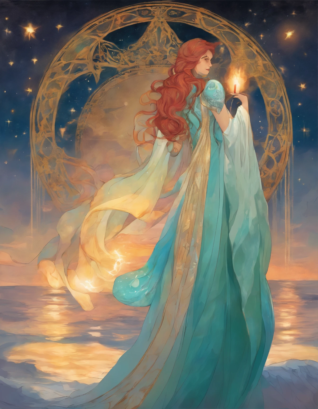 Manara inspired illustration of beautiful lady holding a candle. She’s got expressive eyes, and her hair is short and dark red and green and cyan. Her skin is white marble and her legs are perfect. She’s wearing Klimt inspired dress. Very detailed image. The sky is Gogh’s starry sky